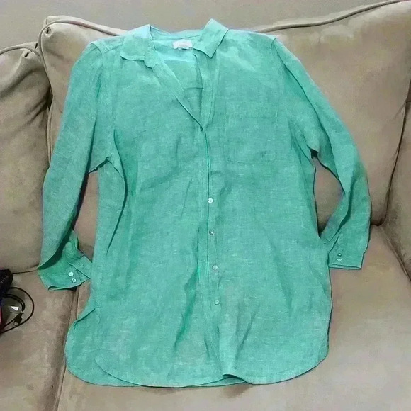 Sigrid Olsen Green Long Linen Shirt - Picture 1 of 7